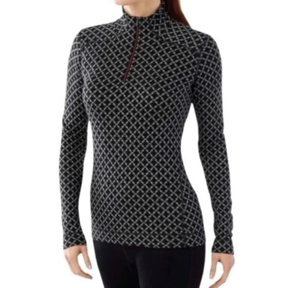 SMARTWOOL Women's S Pullover Quarter Zip Base Layer Top Black Gray Geo Print